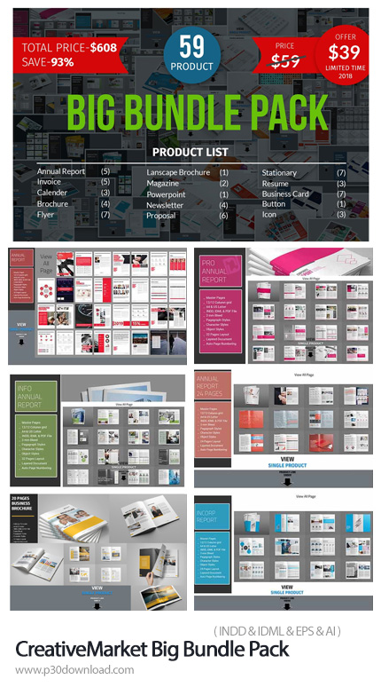 دانلود CreativeMarket Big Bundle Pack - مجموعه قالب ایندیزاین ست اداری شامل کارت ویزیت، بروشور، روزن