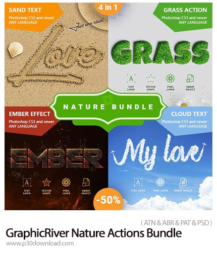 دانلود GraphicRiver Nature Actions Bundle - مجموعه اکشن فتوشاپ ایجاد 4 افکت طبیعت بر روی متن