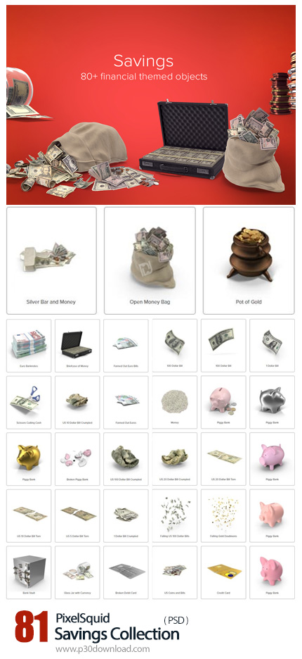 دانلود PixelSquid Savings Collection - مجموعه تصاویر لایه باز پس انداز پول، اسکناس، قلک، گاو صندوق و