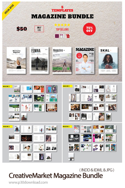دانلود CreativeMarket Magazine Bundle - 5 مجله با موضوعات مختلف در قالب ایندیزاین
