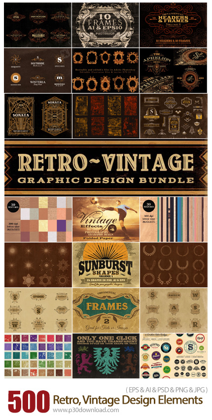 دانلود MightyDeals Bundle Of 500+ Retro/Vintage Design Elements - بیش از 500 المان طراحی وینتیج و رت