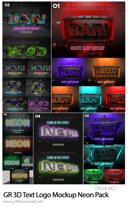 دانلود GraphicRiver 3D Text Logo Mockup Neon Pack - مجموعه موکاپ لوگوهای متن سه بعدی با افکت های نئو