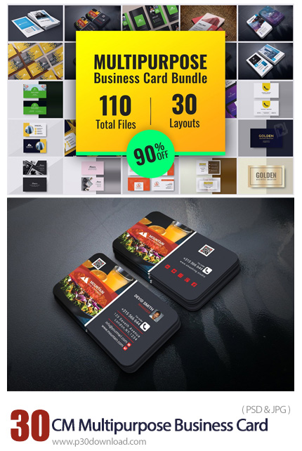 دانلود CreativeMarket 30 Multipurpose Business Card Bundle - 30 قالب لایه باز کارت ویزیت با طرح های 