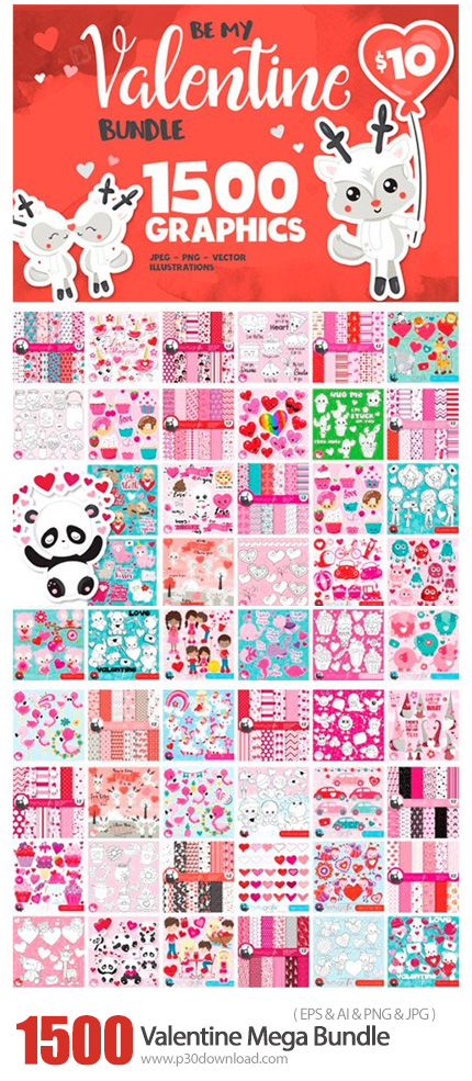 دانلود Valentine Mega Bundle 1500 In 1 - 1500 وکتور المان های گرافیکی ولنتاین 