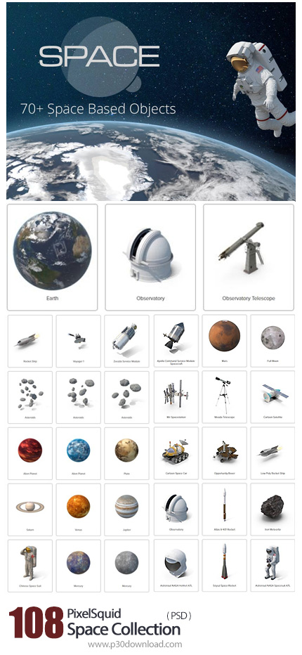 دانلود PixelSquid Space Collection - مجموعه تصاویر لایه باز فضا، فضانورد، ماهواره، موشک، تلسکوپ و ..