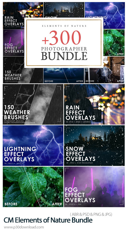دانلود CM Elements of Nature Bundle - افکت های پوششی مه، رعد و برق، برف و باران برای عکس ها و فتومون