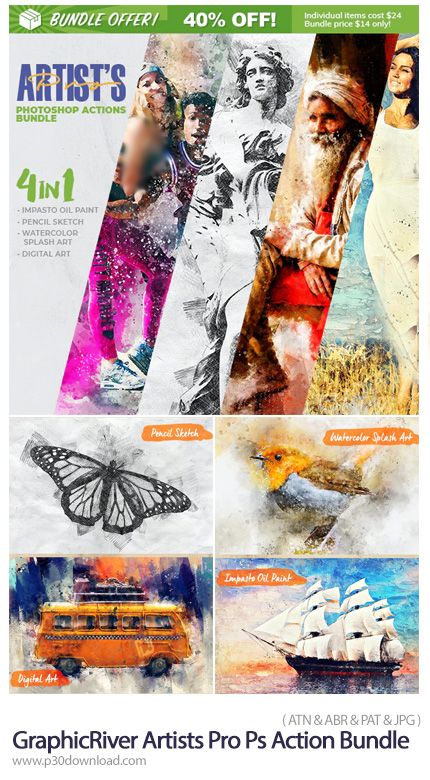دانلود GraphicRiver 4-in-1 Artists Pro Photoshop Action Bundle - مجموعه اکشن فتوشاپ با 4 افکت هنری م