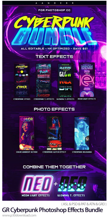 دانلود GraphicRiver Cyberpunk Photoshop Effects Bundle - پک افکت های سایبرپانک شامل اکشن، پترن، استا
