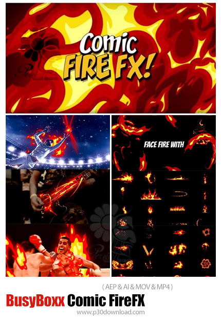 دانلود BusyBoxx Comic FireFX - پک پروژه افترافکت المان های آتش کمیک برای ساخت موشن گرافیک