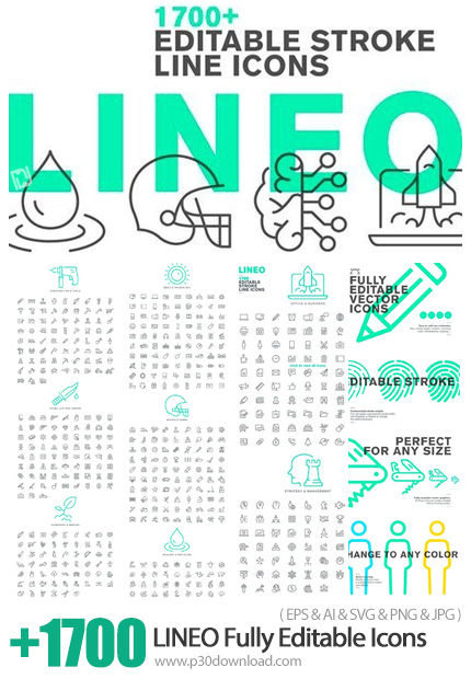 دانلود LINEO 1700+ Fully Editable Icons - بیش از 1700 آیکون خطی با موضوعات مختلف