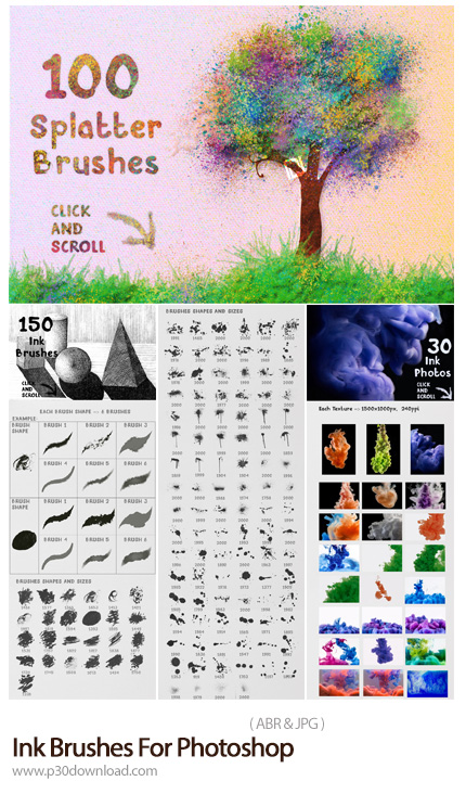 دانلود Ink Brushes For Photoshop - 100 براش فتوشاپ لکه های جوهر پخش شده و رنگ