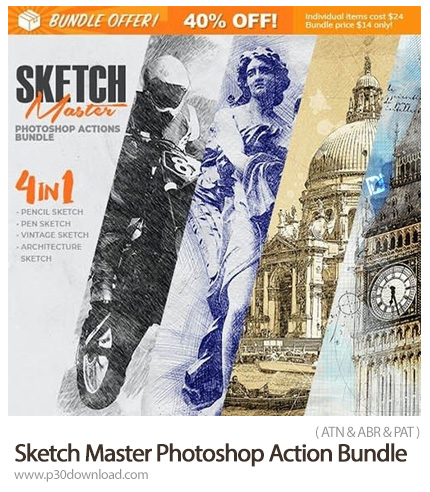 دانلود Sketch Master Photoshop Action Bundle - پک اکشن فتوشاپ با 4 افکت حرفه ای نقاشی اسکچ