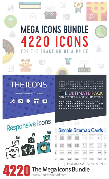 دانلود The Mega Icons Bundle - بیش از 4200 آیکون فلت و خطی با موضوعات مختلف