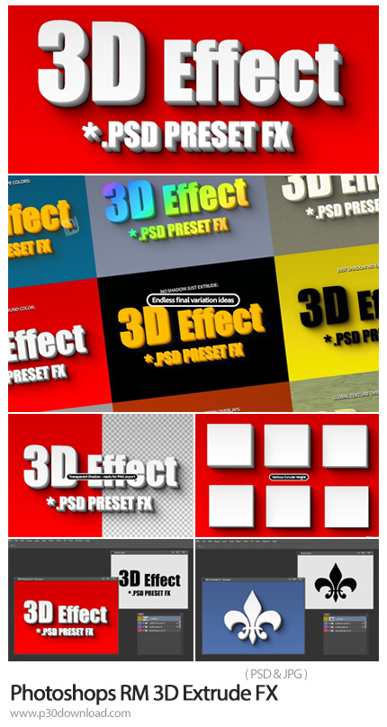 دانلود Photoshops RM 3D Extrude FX PSD - پک قالب لایه باز ساخت متن و اشکال سه بعدی