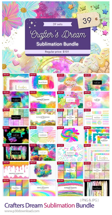 دانلود Crafter's Dream Sublimation Bundle - پک عناصر طراحی رنگارنگ شامل کلیپ آرت، پترن و تکسچر