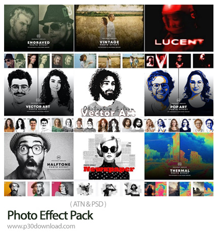 دانلود Photo Effect Pack - مجموعه قالب لایه باز و اکشن فتوشاپ با 9 افکت متنوع وینتیج، پاپ آرت، هافتو