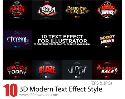 دانلود 3D Modern Text Effect Style Bundle - پک استایل ایلوستریتور با 10 افکت سه بعدی مدرن برای متن