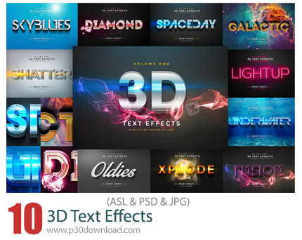 دانلود 3D Text Effects - پک استایل فتوشاپ با 10 افکت لایه باز سه بعدی برای متن