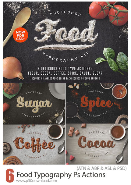 دانلود Food Typography Photoshop Actions - کیت اکشن فتوشاپ برای ساخت تایپوگرافی با افکت مواد غذایی