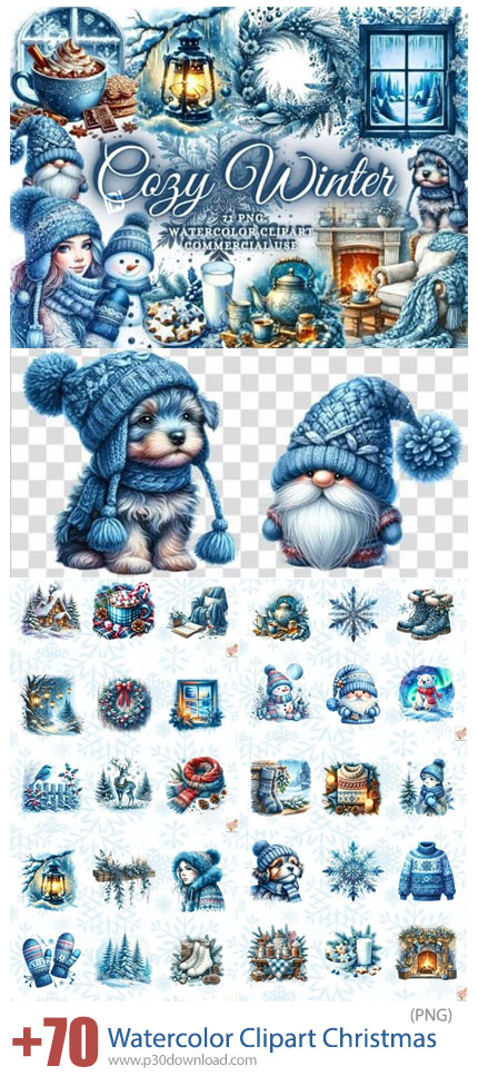 دانلود Cozy Winter 70+ Watercolor Clipart Christmas - بیش از 70 کلیپ آرت آبرنگی زمستانی برای کریسمس