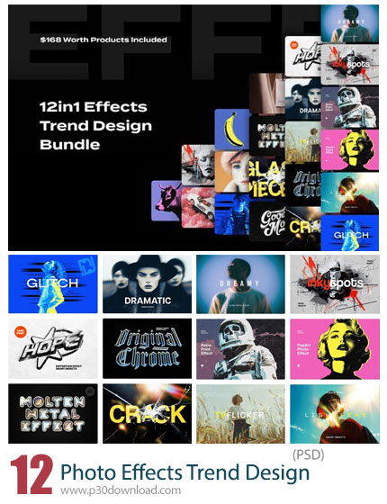 دانلود 12in1 Photo Effects Trend Design Bundle For Photoshop - 12 افکت لایه باز متنوع کمیک، وینتیج، 