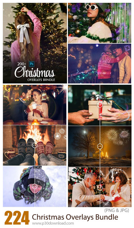 دانلود Christmas Overlays Bundle For Photoshop - دانلود بیش از 200 تصویر پوششی بوکه، دانه برف، آتش ب